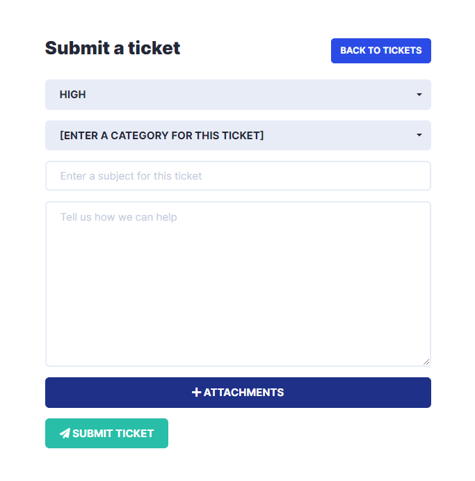Customer support ticket submission: Category, subject, message, attachment, submit