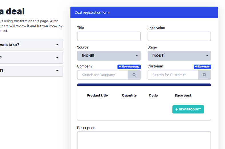 Digital deal registration form: Title, source, stage, company, customer, and product details