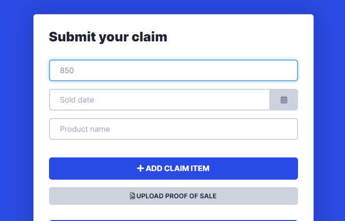 Claim submission form: Claim number, sold date, product, proof upload