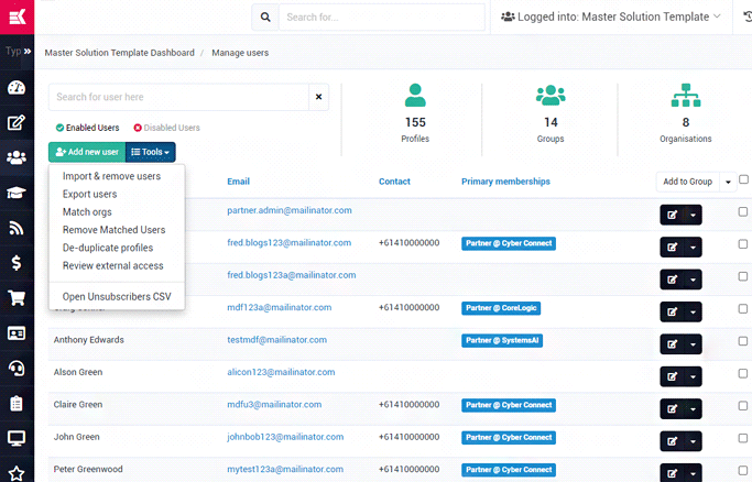 Partner profiles management: Search, manage, timeline, login insights