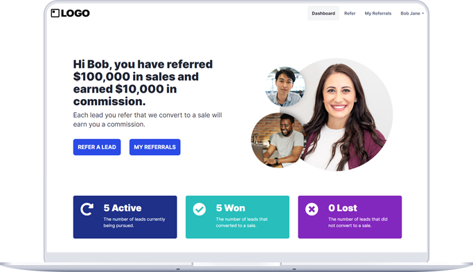 Referral program page: $100k sales commission achieved! Representative, metrics, auto-calculated