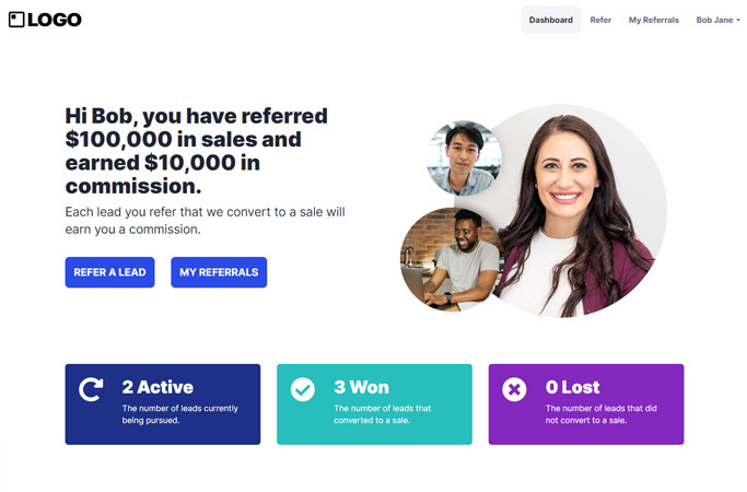 Referral program: Hit $100k sales! Rep, metrics, auto-calculation