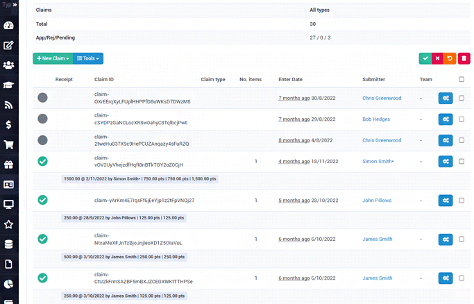 Claims management interface: List of claims with ID, type, amount, date, staff